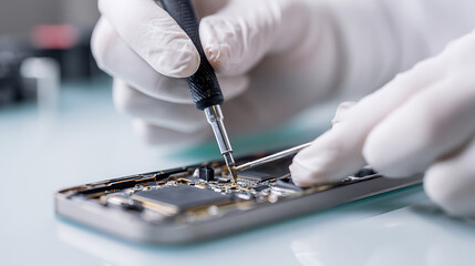 Obraz premium Hands in white gloves carefully repair an electronic device with a small screwdriver and tweezers, focusing on intricate details and precision work