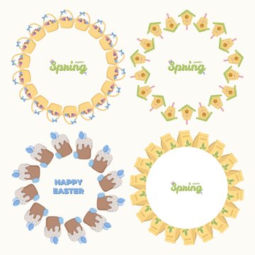 Four circular wreath designs Easter baskets with eggs and bows, birdhouses with green roofs and pink perches, frosted cakes topped with eggs, and seed packets labeled SEEDS, each with festive Happy