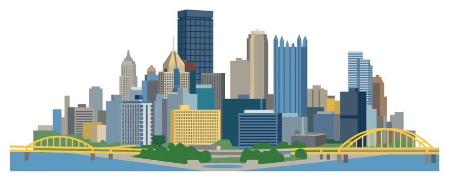 Colorful flat vector illustration of the Pittsburgh skyline from Point State Park featuring green space, the blue Allegheny River, the iconic yellow bridges, and major colorful skyscrapers including U