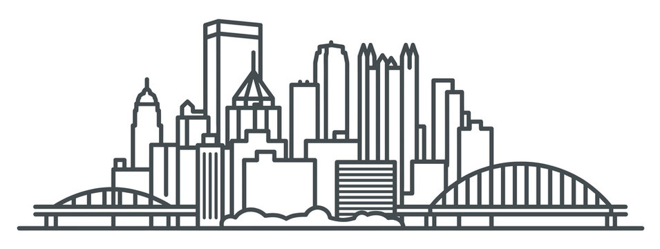 Minimalist line art vector illustration of the Pittsburgh skyline featuring major skyscrapers like U.S. Steel Tower and PPG Place, and bridges over the Allegheny River. Clean, modern cityscape outline