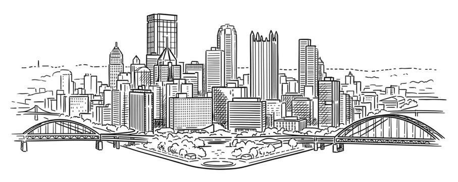Detailed Black and White Line Art Illustration of Pittsburgh Skyline with Point State Park and Bridges - Technical Vector Sketch.