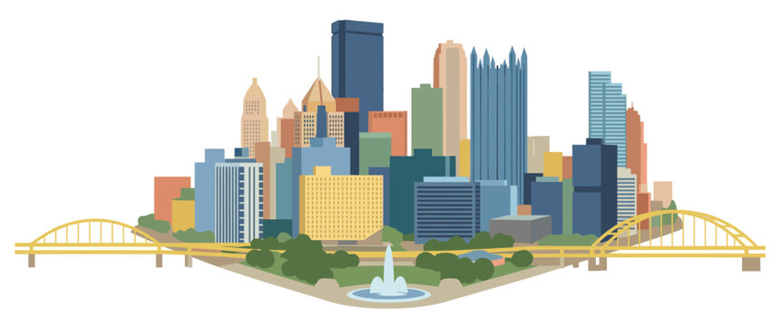 Colorful Pittsburgh Skyline Vector Art with Golden Bridge, Point State Park, and Fountain - Stylized Flat Illustration.