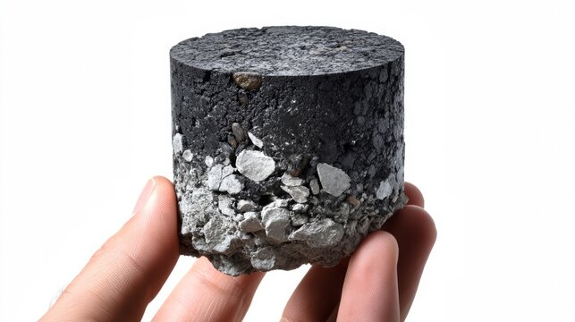 A cylindrical asphalt road core sample held for inspection.
