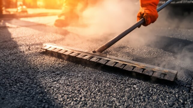 A construction worker using a metal lute rake to level steaming fresh asphalt.