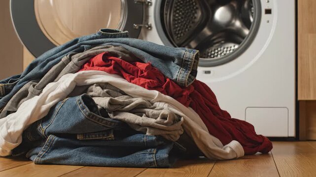 A vibrant collection of garments in various colors rests on warm wooden flooring, ready for washing. The sleek white washing machine stands nearby, waiting to spring into action.