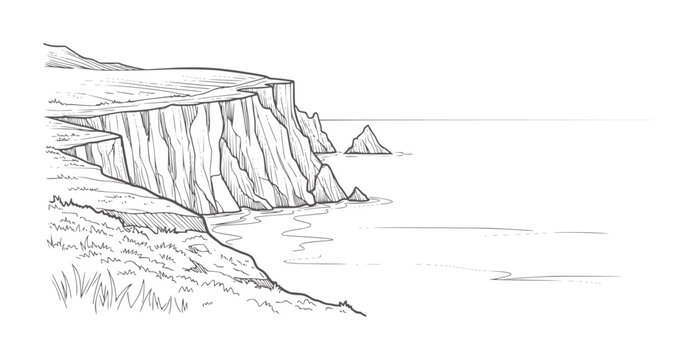 Of a rugged cliff face overlooking the ocean with sea stacks rock