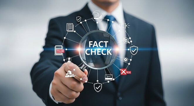 Businessman holding magnifying glass with fact check icons