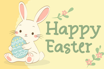 Fototapeta premium Cute Easter Bunny Greeting Card with Floral Elements, Pastel Spring Holiday Illustration