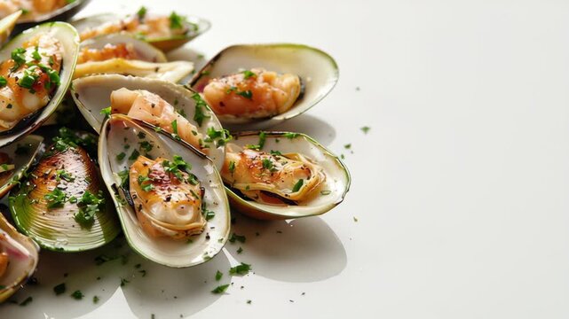 Freshly cooked seafood dish featuring open clams filled with shrimp and garnished with herbs, arranged artistically on a clean white plate for culinary presentation