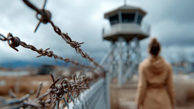 Woman in beige coat stands near barbed wire fence, looking at watchtower in cloudy outdoor setting, showcasing a sense of contemplation and distance from the structure