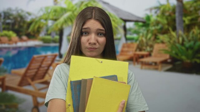 Woman bites lower lip clutching stack of binders by sunlit pool; study stress selfconsciousness uncertainty.