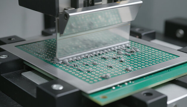 SMT solder paste printing process on printed circuit board with metal squeegee