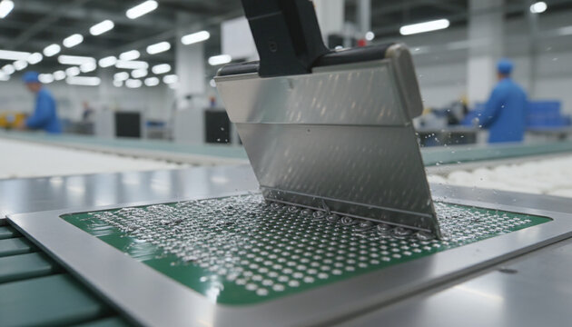 SMT solder paste printing process on printed circuit board with metal squeegee