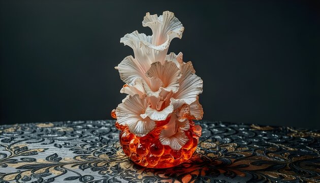 White sponge-like glass structure with red coral accents, designed as a decorative concept for a lamp or heater. Abstract, organic form with soft light diffusion and artistic appeal.