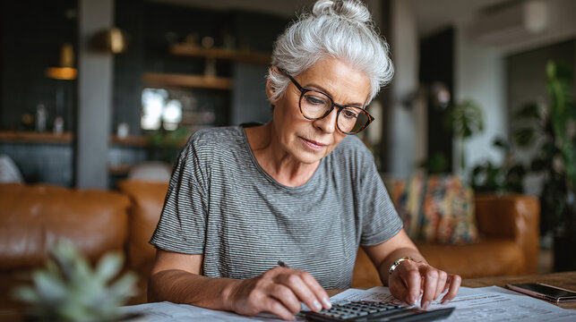 senior woman planning retirement annuity in cozy living room while managing financial paperwork and calculator for pension income budgeting and long term money security