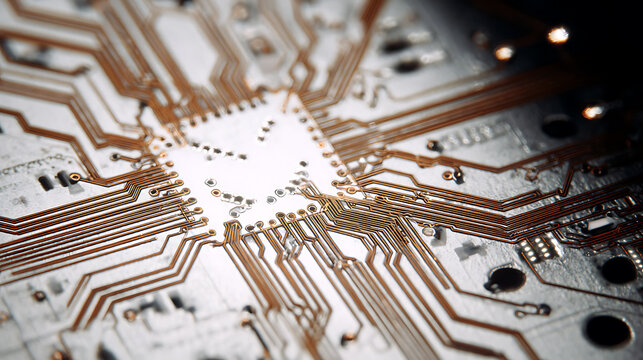 Macro view of a complex circuit board with intricate copper traces, highlighting advanced electronics and microchip technology, clean and futuristic design