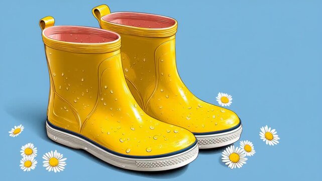 Yellow rubber rain boots with water droplets and daisies on a blue background, showcasing vibrant colors and playful design elements in a cheerful setting