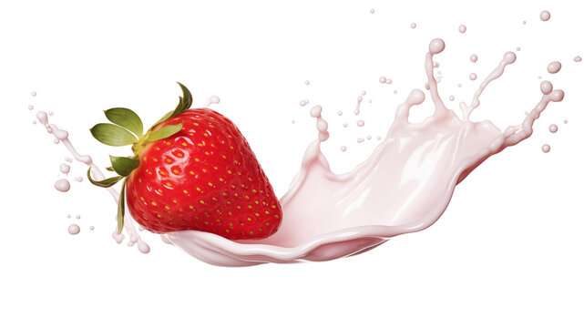 Fresh Strawberries in Milk or yogurt splash on transparent background.