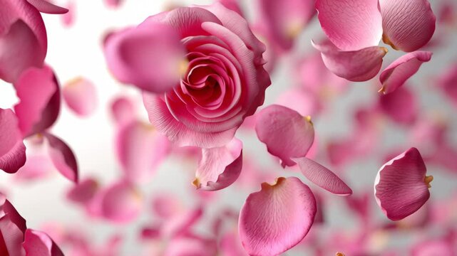 Pink rose surrounded by falling petals in a soft-focus background, showcasing the delicate beauty of floral elements in a visually captivating arrangement