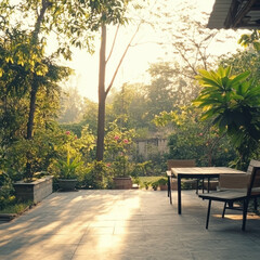 Obraz premium A wooden bench sits along a quiet pathway surrounded by trees and green grass in a peaceful park garden during a sunny day