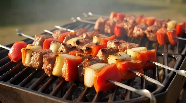 Succulent beef and vibrant vegetable skewers sizzling on a hot outdoor barbecue grill, perfect for summer meals and gatherings