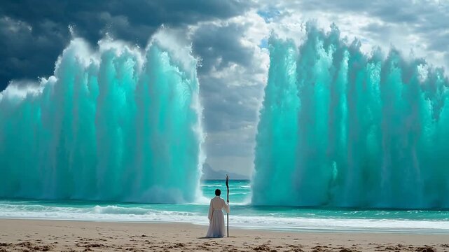 Person on beach facing turquoise water waves