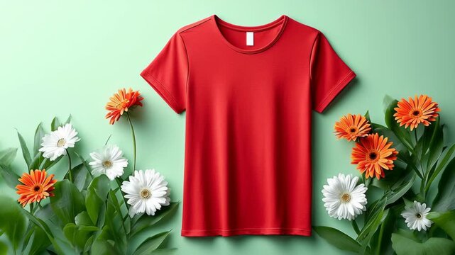 Red short-sleeve t-shirt positioned centrally among vibrant orange and white flowers on a soft green background, highlighting the colorful floral arrangement and garment design
