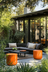 Naklejka premium Halloween pumpkin house in a garden patio with furniture, plants, and a cozy outdoor summer setting