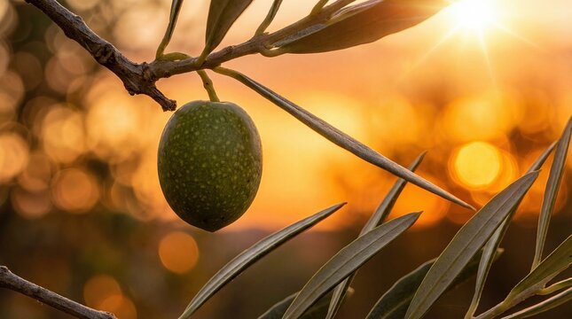 Close-up of a vibrant green olive hanging from its branch, illuminated by a brilliant sunflare and warm golden bokeh during a serene sunset.