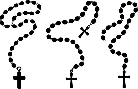 Set of rosary beads silhouettes with Christian cross pendants, religious prayer necklace collection in clean minimal black illustration design style