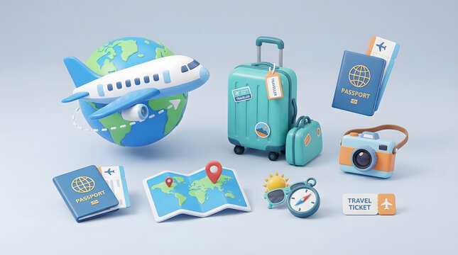 3D Travel Essentials & Vacation Planning Kit: Globe, Airplane, Suitcase, Passports, Map, Camera for Global Journey