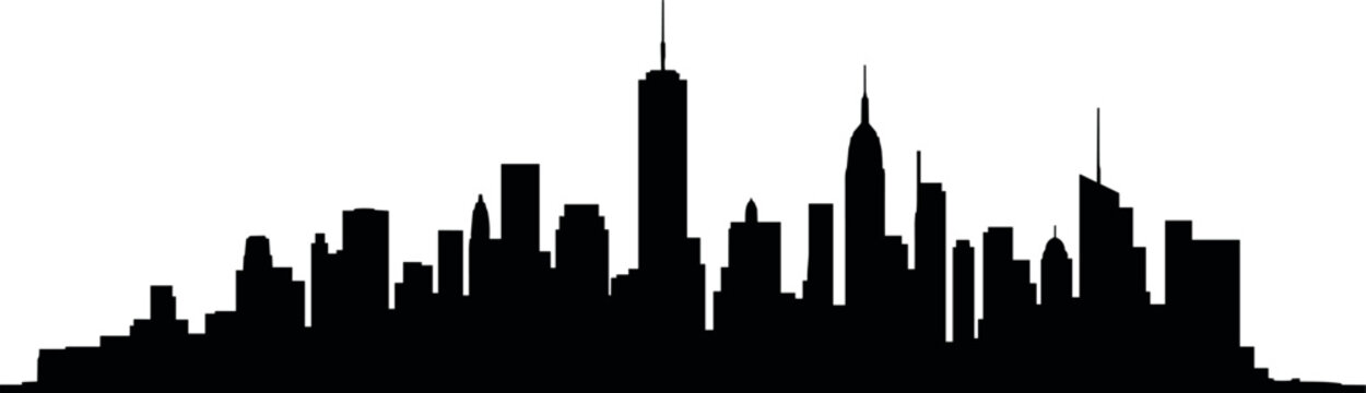 New York City skyline silhouette featuring Empire State Building and Chrysler Building, Manhattan urban cityscape in clean modern illustration design style