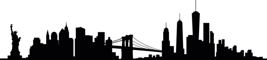 Obraz premium New York City skyline silhouette with Statue of Liberty, Brooklyn Bridge and Manhattan skyscrapers in clean modern urban illustration design style