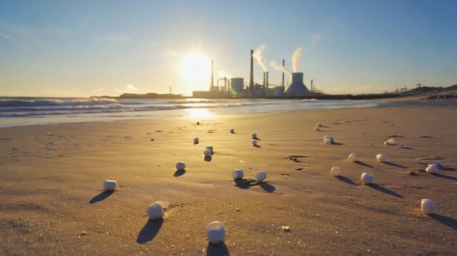 Plastic pellets on a beach. Pollution from a factory.