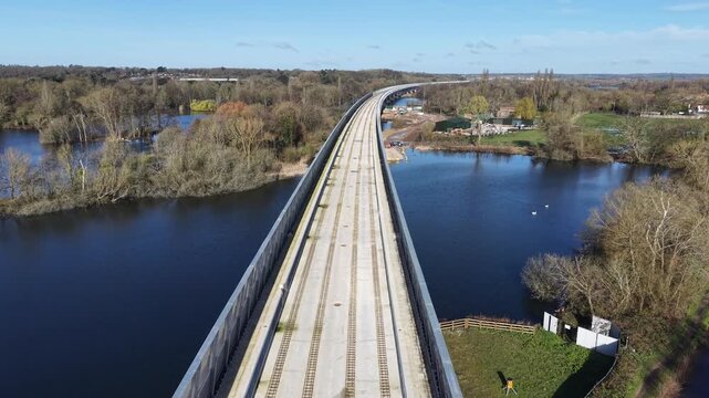 HS2 Colne Valley Viaduct, Buckinghamshire, UK drone flying over route