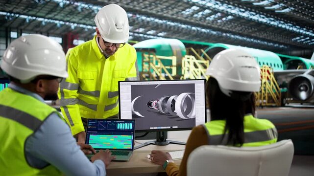 Factory Engineering Team Reviewing Jet Engine