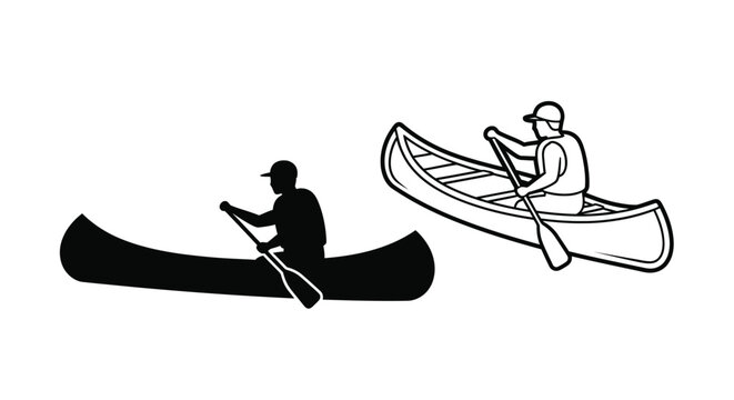 Two canoes with paddlers a detailed black outline silhouette