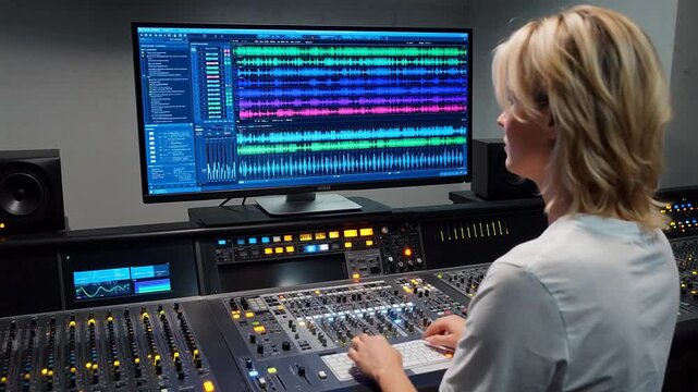 Woman working on audio mixing console