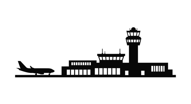 Black silhouette of an airport control tower and airplane