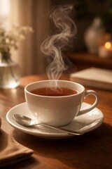 Fototapeta premium Warm cup of hot tea steaming on a rustic wooden table, creating a cozy and inviting atmosphere for relaxation or contemplation in soft, ambient light