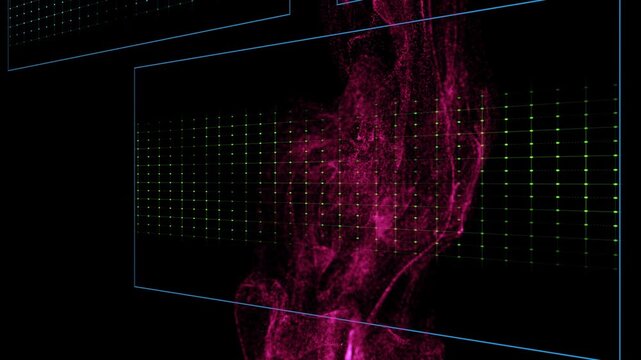 Neon-framed panels sliding for tech visualization, magenta plume entering and amplifying waveforms