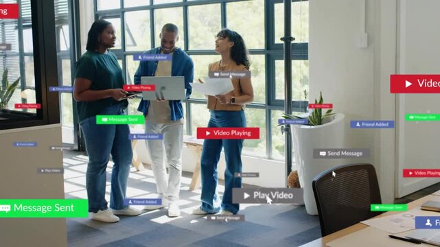 Team crowding laptop, cursor clicking alerts, animated icons multiplying then fading for marketing