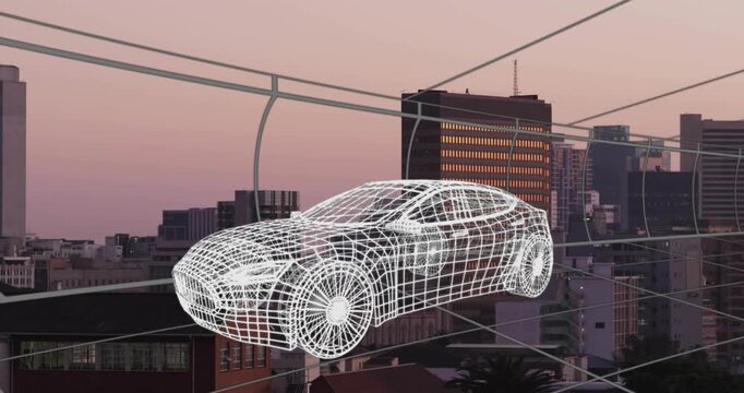 White wireframe sedan appearing on load, floating above roof and staying in arc grid, showing form
