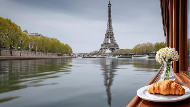 Scenic view of Eiffel Tower from a boat on the Seine River, featuring a plate with croissant and a vase of flowers on a wooden table by the window