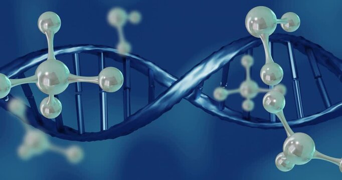 Molecules entering sides initiating parallax, DNA helix rotating and undulating, showing structure