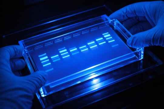 Hands in blue gloves working in a laboratory, holding an agarose gel with separated DNA banding patterns glowing under UV light, commonly used in molecular biology for genetic analysis