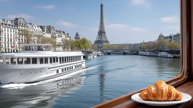 Scenic view from a boat window featuring a croissant on a plate with the Eiffel Tower and Seine River in the background, showcasing Parisian architecture and vibrant spring colors