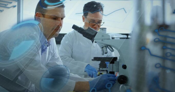 Vertical video: Placing slide, 2 men in lab coats pipetting and focusing scope at bench to analyze