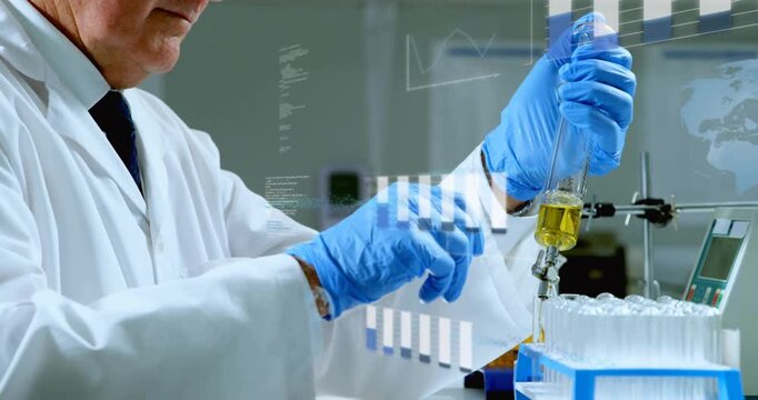 Opening stopcock scientist lab coat, gloves pouring fluid into tube rack at lab bench for samples