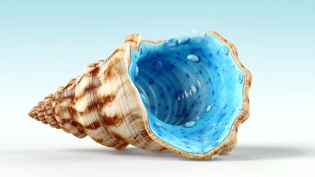 Spiral seashell with intricate patterns and vibrant blue interior, positioned on a light background, showcasing its natural beauty and unique textures